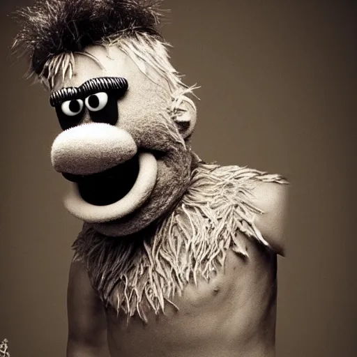 Image similar to a still of a forgotten muppet character looking very manly and modern, hilarious, laughing, hairy chest, huge chin, manly monster tough guy, roughled fur, photo real, photographic, photograph, artstation, trending, featured