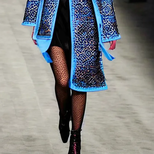 Image similar to fashion 2 0 5 0 fantastic openwork long coat with intricate pattern on a beautiful symmetrical girl with blue hair, hyper realistic photos