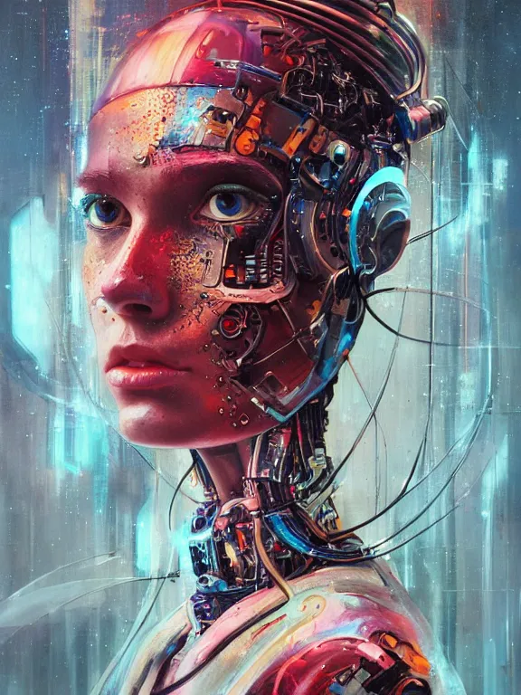 Image similar to art portrait of female cybernetic organism,8k,by tristan eaton,Stanley Artgermm,Tom Bagshaw,Greg Rutkowski,Carne Griffiths,trending on DeviantArt,face enhance,hyper detailed,minimalist,cybernetic, android, blade runner,full of colour,