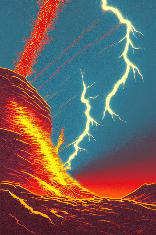 Image similar to artwork of an exploding volcano by dan mumford and toshi yoshida and peter doig, symmetrical, vintage scifi, highly detailed, dramatic lightning,, 8 k