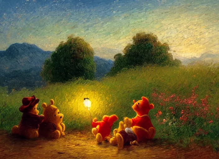 Image similar to romanticism impressionism landscape painting of winnie the pooh characters at night, night time, paper lanterns, string lights, in the style of hudson river school and thomas cole and albert bierstadt and vincent van gogh