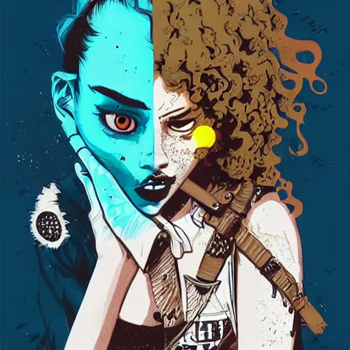 Prompt: Highly detailed portrait of a punk zombie young lady with freckles and brown curly hair hair by Atey Ghailan, by Loish, by Bryan Lee O'Malley, by Cliff Chiang, was inspired by image comics, inspired by scott pilgrim, inspired by graphic novel cover art !!!electric blue, brown, black, yellow and white color scheme ((grafitti tag brick wall background))