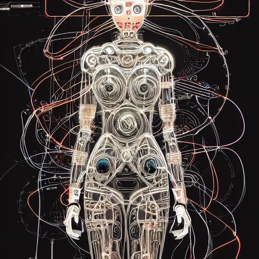 Prompt: a beautiful body of a bot pilot woman mostly made of wires and electronic circuits led luminous, an ultrafine detailed illustration by james jean, final fantasy, intricate linework, bright colors, behance contest winner, vanitas, angular, altermodern, unreal engine 5 highly rendered, global illumination, radiant light, detailed and intricate environment