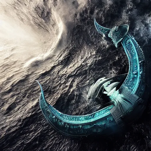 Image similar to top down view of an alien leviathan emerging from a deep ocean during a storm, cinematic lighting, dramatic, masterpiece, trending on artstation