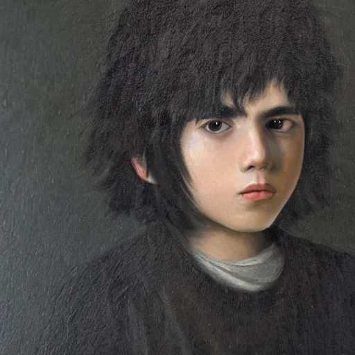 Image similar to painting of a shaggy black haired black eyed teenager boy with a black sweater, renaissance!!! painting!!!, ultra detailed, masterpiece, baroque