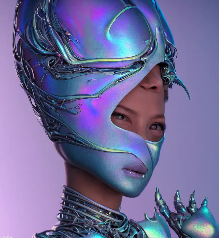 Image similar to iridescent close-up portrait of a beautiful princess in robe. biomechanical mask. bio luminescent biomechanical halo around head. artwork by jarold Sng by artgerm, by Eddie Mendoza, by Peter mohrbacher by tooth wu, unreal engine, octane render, cinematic light, high details, iridescent colors, dichroic, macro, 4l