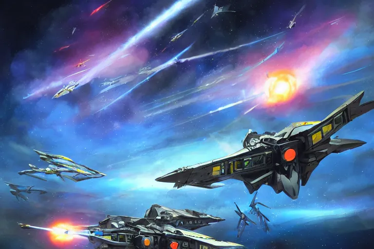 Prompt: squadron of fighter mecha in a v formation, pterodactyl mecha, pteranadon styling, smooth, john berkey white plastic panels, robotech styling, luminous cockpit, running lights, kanji insignia and numbering, Raymond Swanland and Jessica Rossier nebula like clouds in space background near a ringed gas giant, distant explosions cinematic lighting, hyper detailed hyper detailed, 8k, ultra realistic, cinematic lighting, ultra wide 35mm lens, Boeing Concept Art, Lockheed concept art