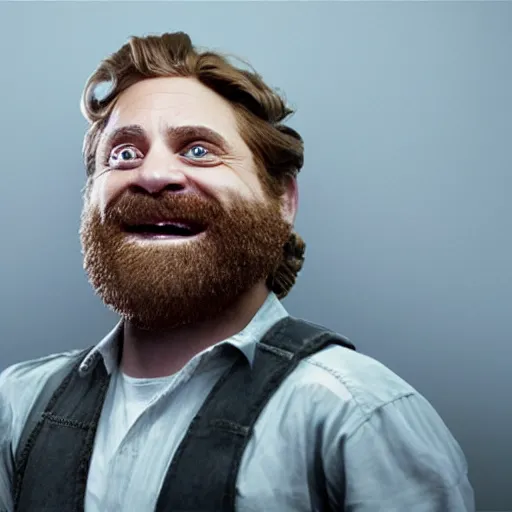 Image similar to hyperrealistic zach galifianakis smiling while hung by the neck noose, stunning 3 d render inspired by istvan sandorfi & greg rutkowski & mike judge, perfect symmetry, dim volumetric cinematic lighting, 8 k octane comprehensive render, extremely mega hyper - detailed and lifelike attributes & atmosphere, intricate, realistic flesh texture, masterpiece, artstation, stunning,