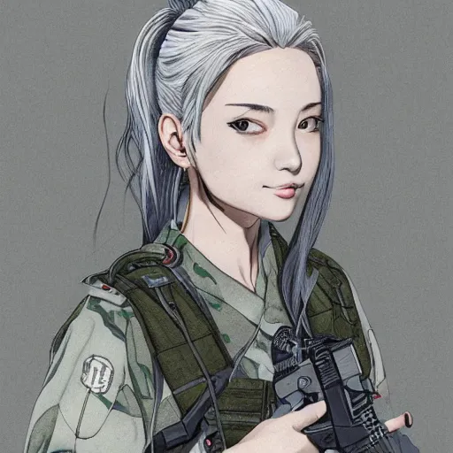 Prompt: silver hair girl, wearing multicam, portrait ilustration by Takehiko Inoue