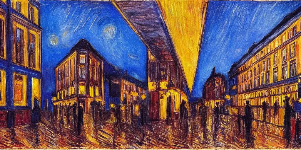 Prompt: a street scene in the first district of vienna, twilight, lights in windows, style of edvard munch, the storm