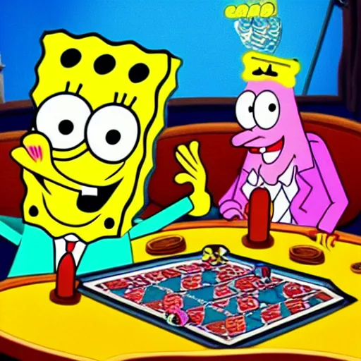 Prompt: spongebob and patrick playing poker at night