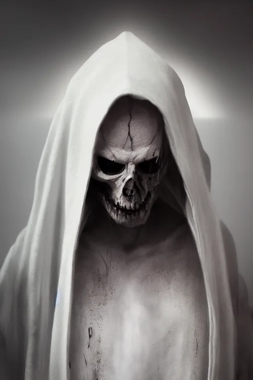 Image similar to Death wearing a hooded white robe, Nuttavut Baiphowongse, Mark Armstron, horror, amad, artstation rendered by octane, 8k, ultra 8k, hyper realistic, photorealistic, photo, cinematic lighting, ambient lighting from top