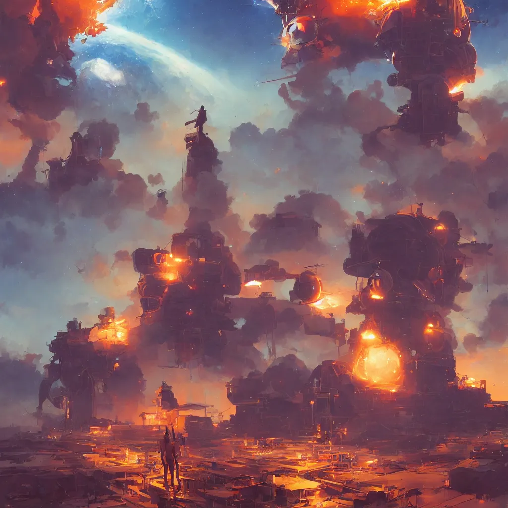 Image similar to atom, by greg rutkowski, by rhads, by jesper ejsing, so many wires, sharp focus, man standing, colony, atom, crowd, steam punk, blue space ship in sky, astronaut, earthquake