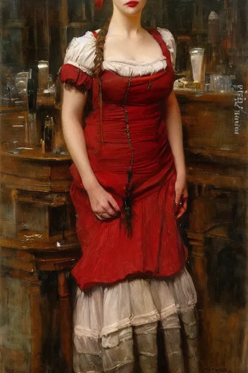Prompt: Solomon Joseph Solomon and Richard Schmid and Jeremy Lipking victorian genre painting full length portrait painting of a young beautiful woman traditional german french barmaid in fantasy costume, red background