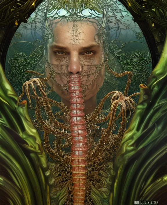 Image similar to intricate ornate opulent transparent clear see - through portrait of a terrifying beautiful male alien centipede, mottled coloring, adorable, childlike, overgrown jungle environment, ultra realistic, concept art, art nouveau, photorealistic, octane render, 8 k, unreal engine. art by christopher marley and artgerm and greg rutkowski and alphonse mucha