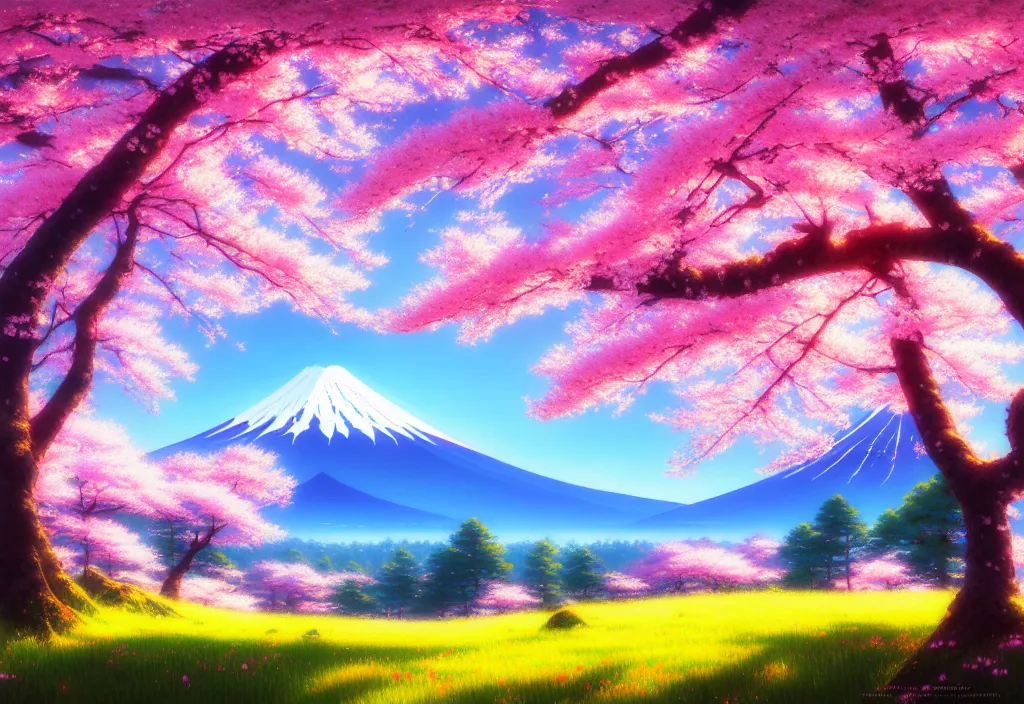 Image similar to a real photographic landscape painting with incomparable reality, wide angle, in forest, flowers, cherry blossom tree in full bloom, bright style, mount fuji, clearing, magnificent, artstation, art by makoto shinkai