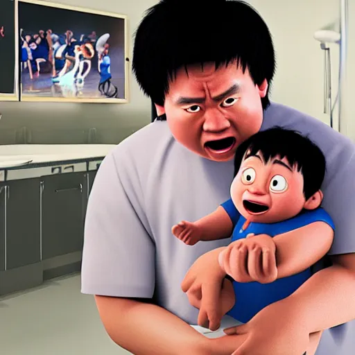 Image similar to shocked asian man cannot believe his eyes that he is holding a baby shaquille o ’ neal at hospital, award winning art, pixar, 3 d render, confusion, unreal engine