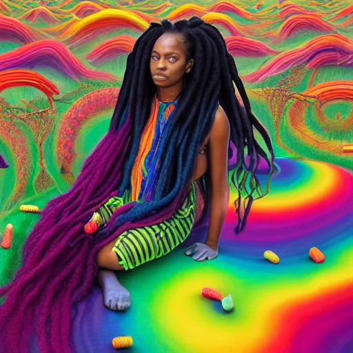 Image similar to a wide angle shot of a black girl with colorful dreadlocks in a field of candy, by Adi granov and afarin sajedi and amanda sage and evgeni gordiets and Agostino Arrivabene and adonna khare in a psychedelic portrait style, ultrarealistic matte painting, volumetric lighting, fractal, extremely symmetrical, highly detailed face, orisha, 8k, hd