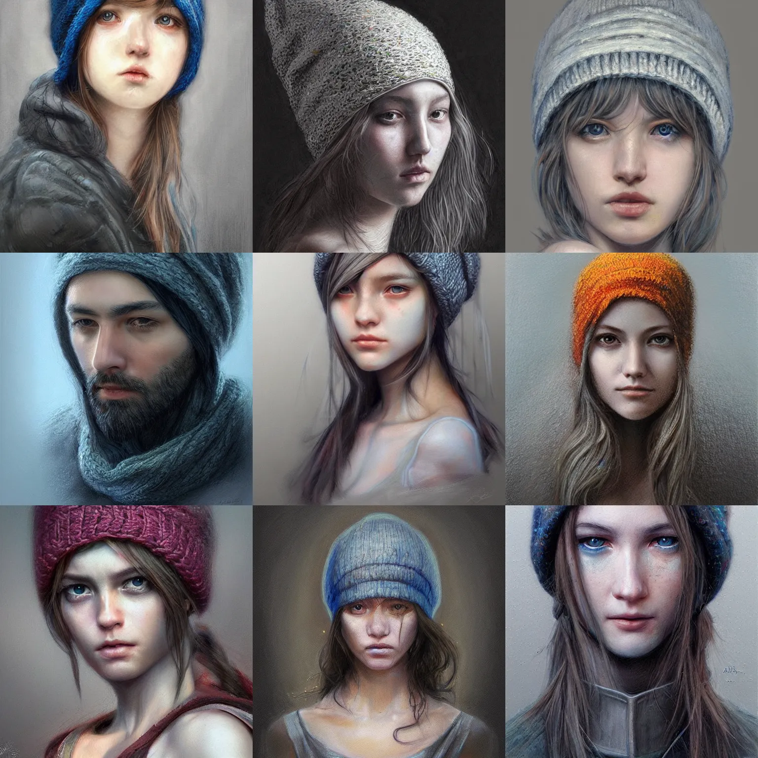 Prompt: portrait of a starving ai artist, detailed clothing, beanie, concept art, artstation, detailed luminescent pastels painting by alan lee and artgerm