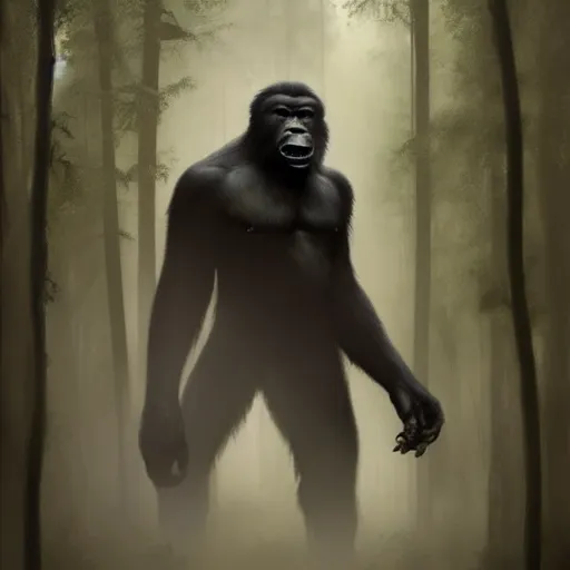 Image similar to Dark fantasy Painting of a huge bigfoot gorilla creature lurking in the misty forest, gloomy, full body, disgusting, creepy, unsettling, horror, intricate, wild, highly detailed, digital painting, artstation, concept art, smooth, sharp focus, illustration, art by artgerm and greg rutkowski and alphonse mucha