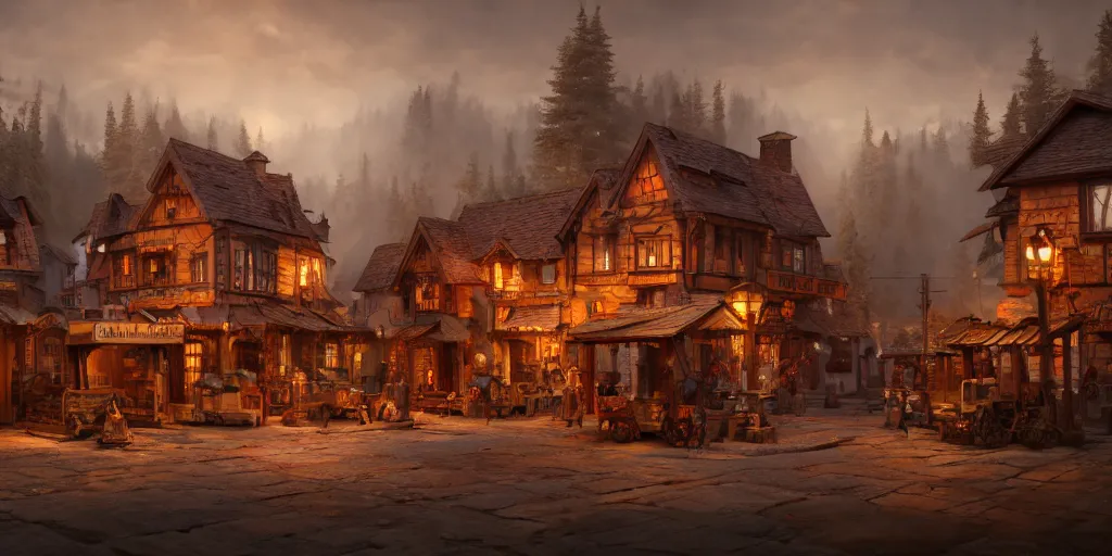 Image similar to a small steampunk wooden village, rich, soft colours, natural, steam, big clocks, concept art, octane render, unreal engine, in the style of luca guadagnino, highly detailed, high quality, artstation, digital art, 8 k hdr, cinematic, dramatic lighting, scenic, rich colour scheme