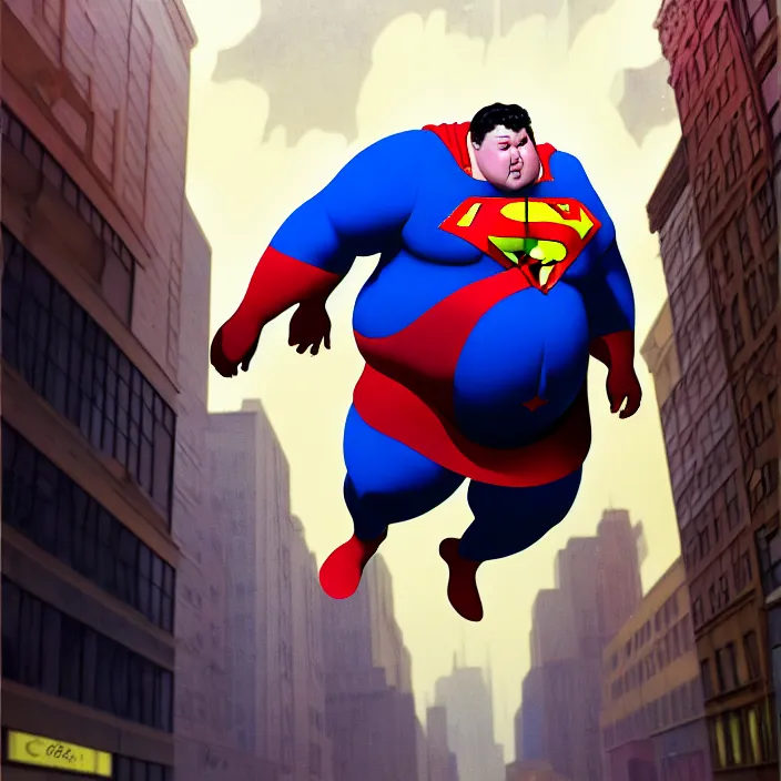 Image similar to hyperrealistic mixed media portrait of a a mordidly obese superman floating through the air over an empty city street at midnight, despair, depressing and hopeless vibe, stunning 3d render inspired art by P. Craig Russell and Barry Windsor-Smith + perfect facial symmetry + dim volumetric lighting, 8k octane beautifully detailed render, post-processing, extremely hyperdetailed, epic composition, grim yet sparkling atmosphere, cinematic lighting + masterpiece, trending on artstation