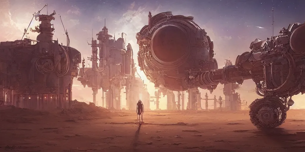 Image similar to anime spaceport in desert steampunk key by greg rutkowski night ultrahd fantastic details