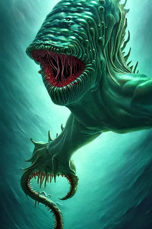 Image similar to hyperrealistic close-up surrealism underwater creature monster!! highly detailed concept art eric zener elson peter cinematic hard green lighting high angle hd 8k sharp shallow depth of field, inspired by David Paul Cronenberg and Zdzisław Beksiński