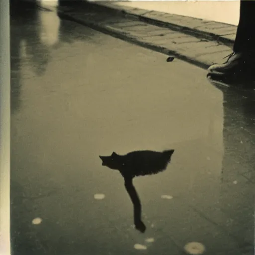 Image similar to wide-shot very low-angle eyesight reflection of a cat in the puddle at the street in Moscow, polaroid photo, by Andy Warhol, signed