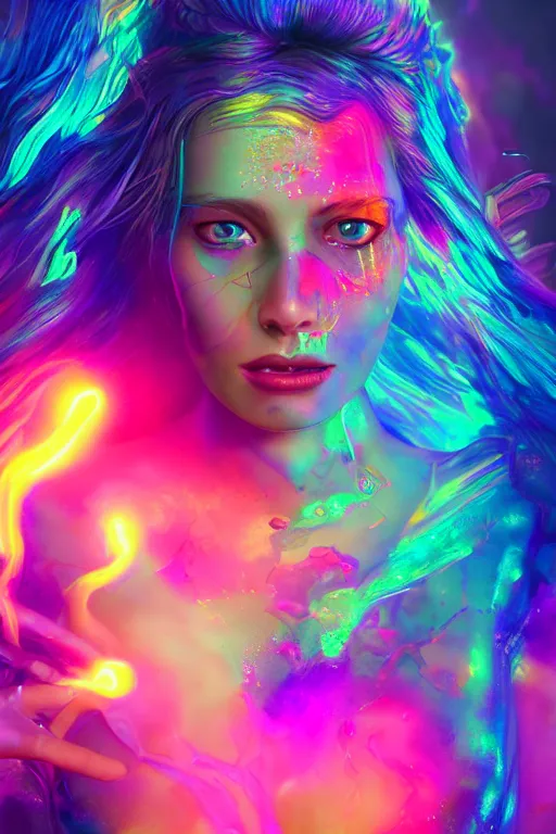 Prompt: a gorgeous girl engulfed in colorful liquid clouds and neon smoke, extremely psychedelic experience, psilocybin, dmt, lsd face, highly detailed, artstation, concept art, digital art by hana yata, and artem demura and beeple, octane render, unreal engine, 8 k
