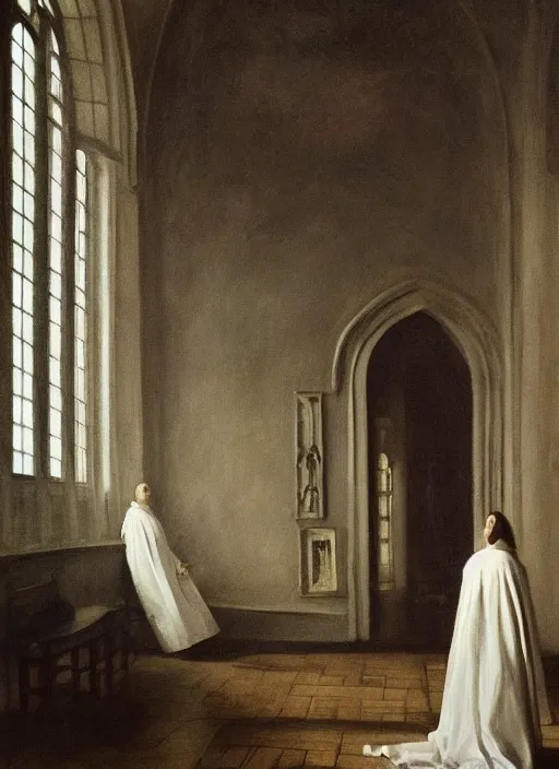 Prompt: medium shot, painting of white blurry ghostly human figures, dark academia aesthetic, Hogwarts, magic vibes, soft lighting, by John Ward, by Arthur Walker, by Vermeer, by Monet, oil on canvas, Royal Academy, masterpiece, trending on artstation, cinematic composition, dramatic pose, beautiful lighting, sharp, details, hyper-detailed, HD