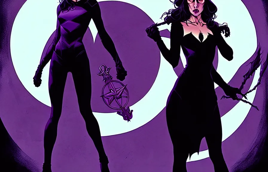 Image similar to rafael albuquerque comic cover art, artgerm, joshua middleton, pretty stella maeve witch doing black magic, serious look, purple dress, symmetrical eyes, symmetrical face, long black hair, full body, werewolf behind eva, twisted evil dark forest in the background, cool colors