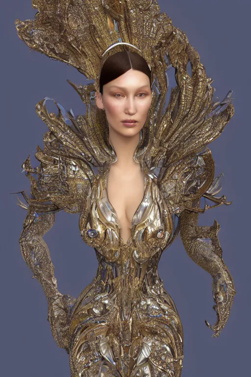 Image similar to a highly detailed photo of a beautiful alien goddess bella hadid in iris van herpen dress in diamonds in style of alphonse mucha art nuvo trending on artstation made in unreal engine 4