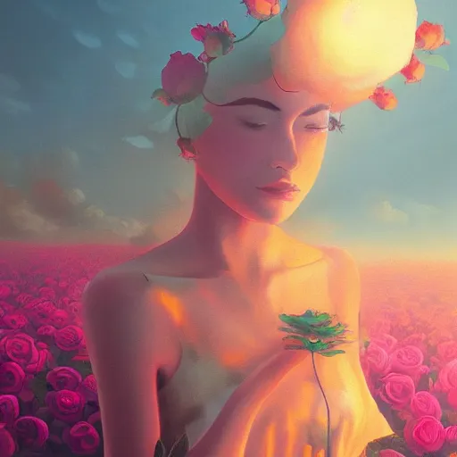 Image similar to closeup, giant rose flower head, frontal, girl in a suit, surreal photography, sunrise, dramatic light, impressionist painting, digital painting, artstation, simon stalenhag