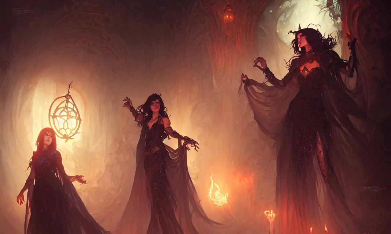 Image similar to Necromancer Sorceress in center, fantasy magic, undercut hairstyle, dark light night, intricate, elegant, sharp focus, illustration, highly detailed, digital painting, concept art, matte, art by WLOP and Artgerm and Greg Rutkowski and Alphonse Mucha, masterpiece