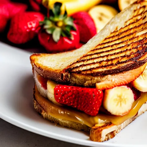 Image similar to a 5 0 mm macro shot of a grilled cheese sandwich with bananas and strawberries