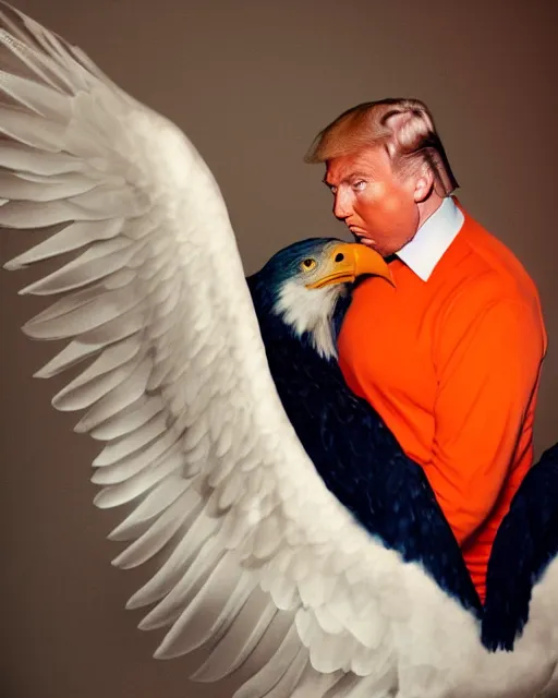 Image similar to Medium Shot Donald Trumps wearing orange pajamas kissing an american eagle, octane, dramatic lighting, editorial photo, 35mm, very detailed