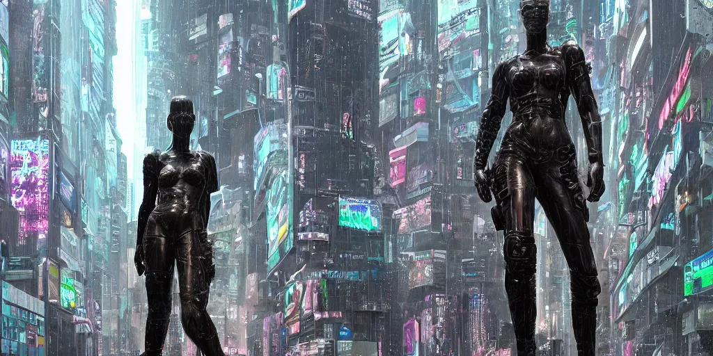 Image similar to cyberpunk statue, rain, space