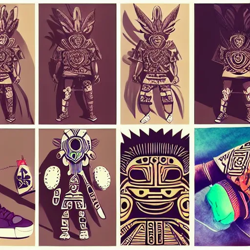 Image similar to detailed sneaker design concept art, aztec mayan street fashion native punk sneaker design, majora's mask, wearing wooden mask, hip hop sneaker design with subtle mayan patterns, gapmoe yandere grimdark, trending on pixiv fanbox, painted by greg rutkowski makoto shinkai takashi takeuchi studio ghibli, akihiko yoshida