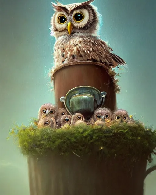 Image similar to long shot of a very cute owl chick nesting in a mug, esao andrews, humorous illustration, hyperrealistic, big depth of field, warm colors, night scenery, low light, 3 d octane render, 4 k, concept art, hyperdetailed, hyperrealistic, trending on artstation