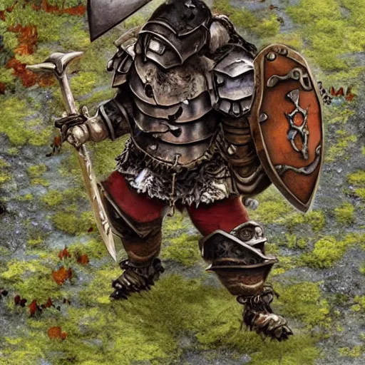 Image similar to d & d, short haired armored bugbear wielding rusty cleaver with chains and a shield, large backpack and and a greatsword wearing mossy rags and a poorly fitted helmet and chestplate