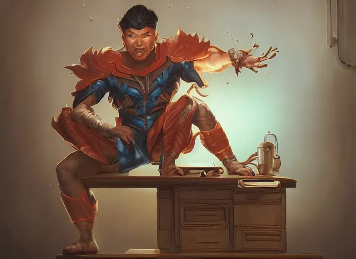 Image similar to an insanely detailed painting of an asian man wearing a homemade superhero costume, sitting at a desk, staring seriously at the computer and typing, in the style of peter mohrbacher, james jean, artgerm, dramatic lighting and composition, surreal background, octane render, pixar, trending on artstation, concept art, comic book, view from behind, 8 k