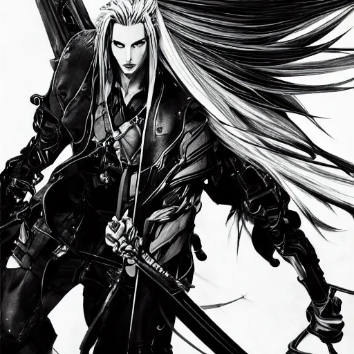 Prompt: cinematic portrait of sephiroth, artwork by yoji shinkawa, illustration, black and white, concept art, strong lines,, intricate details, trending on artstation