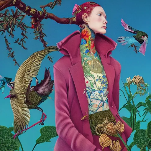 Image similar to pretty model with botanical and birds : : by martine johanna and simon stalenhag and chie yoshii and casey weldon and wlop : : ornate, dynamic, particulate, rich colors, intricate, elegant, highly detailed, vogue, harper's bazaar art, fashion magazine, smooth, sharp focus, 8 k, octane render