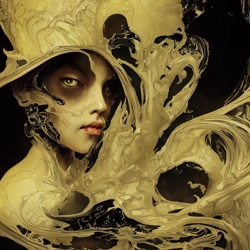 Image similar to a dark baroque close - up portrait of a yellow and white porcelain being made out of white liquid sci - fi vitrified translucent ceramic marble ; china. reflective detailed textures. gloomy black background. highly detailed fantasy science fiction painting by moebius, norman rockwell, frank frazetta, and syd mead. rich colors, high contrast. artstation