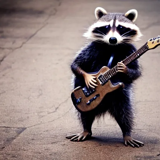 Prompt: a raccoon wearing a leather jacket playing electric guitar