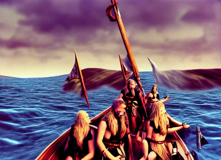 Prompt: photo of beautiful angry viking women in speed boats invading scottland, by richard corben by william eggleston by annie leibovitz, fujifilm velvia 5 0. masterpiece. intricate, hyper realism, high detail, octane render, unreal engine, 8 k, by katsuhiro otomo