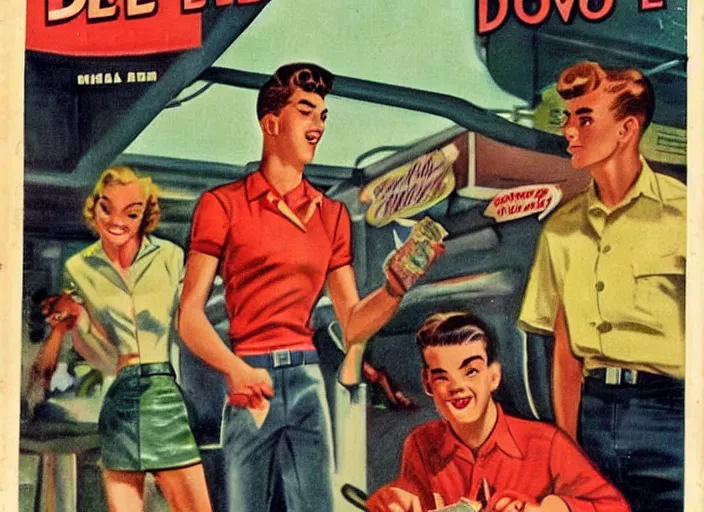 Prompt: 1 9 5 0 s rebel teen male at the local diner, art by guy peellaert and manuel sanjulian and paul cadmus