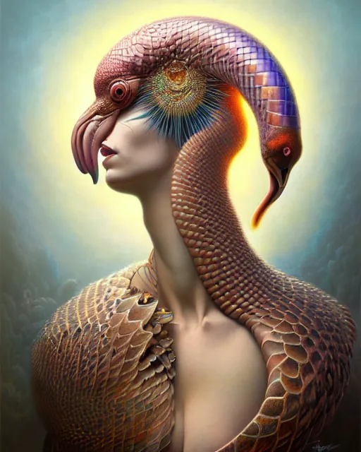 Image similar to a detailed portrait of dreampunk flamingo python hybrid mix goddess by tomasz alen kopera and peter mohrbacher