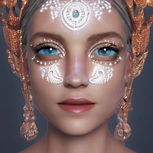 Image similar to portrait of wonderful princess of diamond with fair skin, ornate with diamonds, 8 k, gorgeous, intricate, detailed, glowing white accent lighting, dramatic lighting, octane render